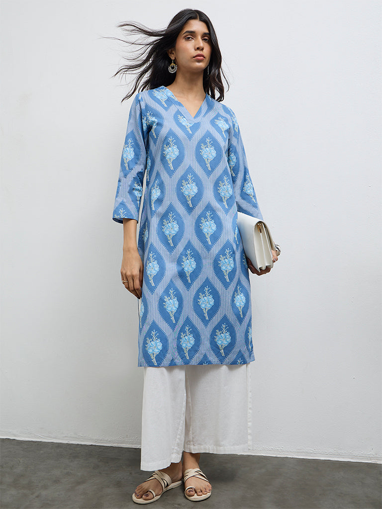 Utsa Blue Floral Printed Cotton Straight Kurta