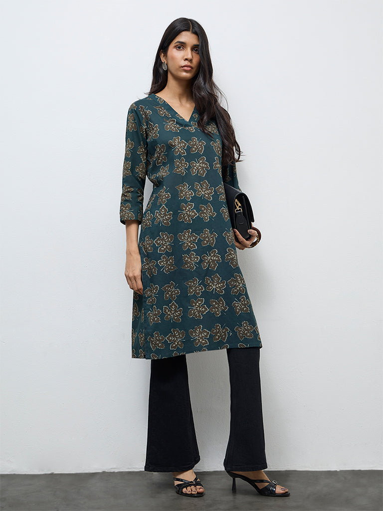 Utsa Green Botanical Printed Cotton Straight Kurta
