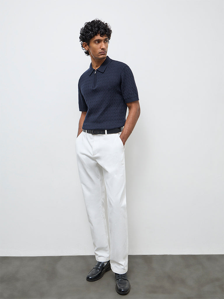 Ascot White Relaxed-Fit Mid-Rise Cotton Trousers