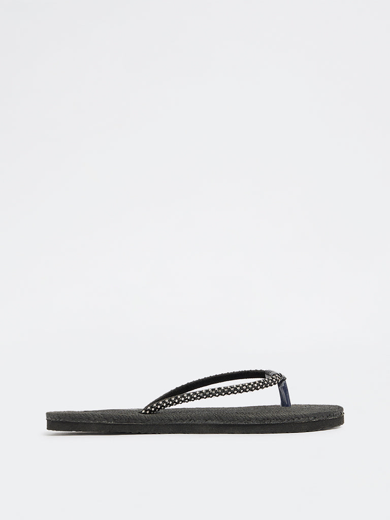 LUNA BLU Black Textured Embellished Slides
