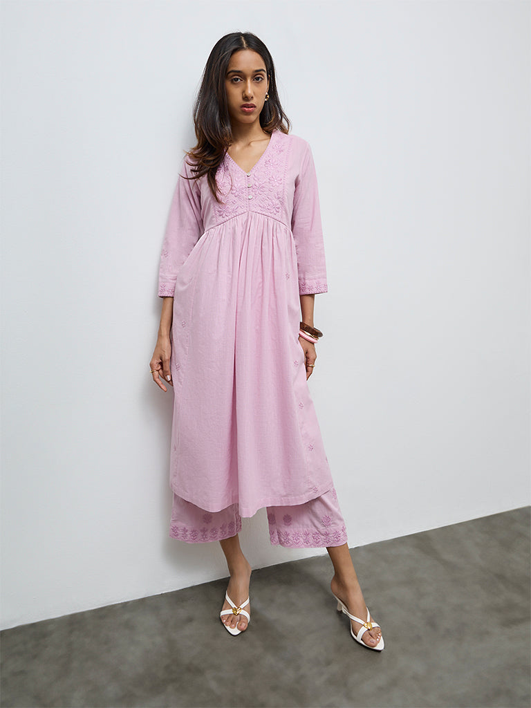 Utsa Pink Floral Embroidered Cotton A-Line Kurta