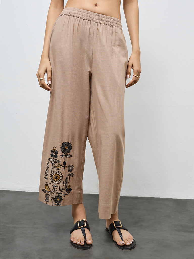 Utsa Beige Embroidered Cotton Pants