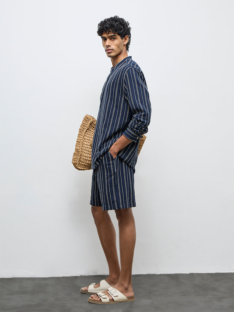 ETA Navy Striped Relaxed-Fit Mid-Rise Cotton Shorts