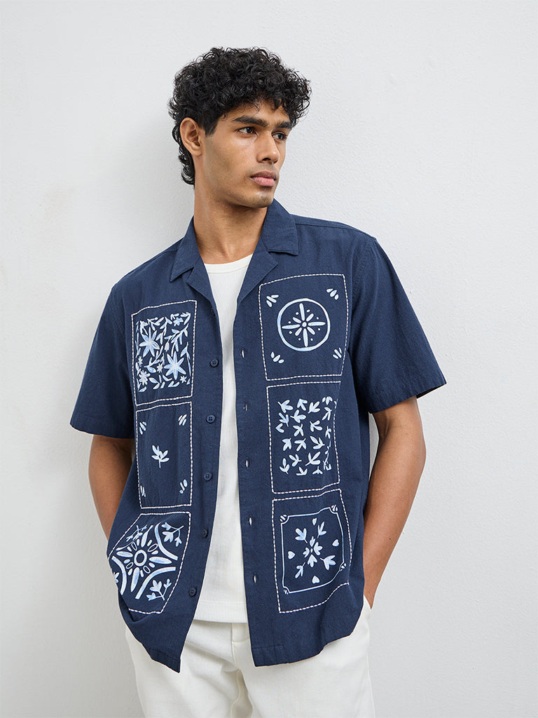 ETA Navy Printed Relaxed-Fit Cotton Shirt