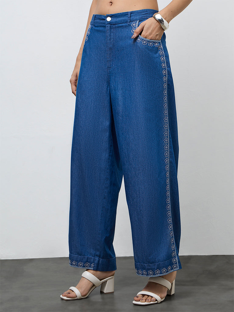 Utsa Indigo Floral Embroidered Cotton Palazzos