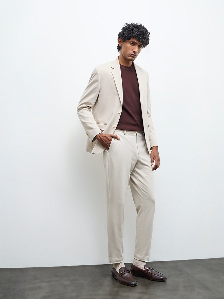 WES Formals Ivory Solid Slim-Fit Mid-Rise Trousers