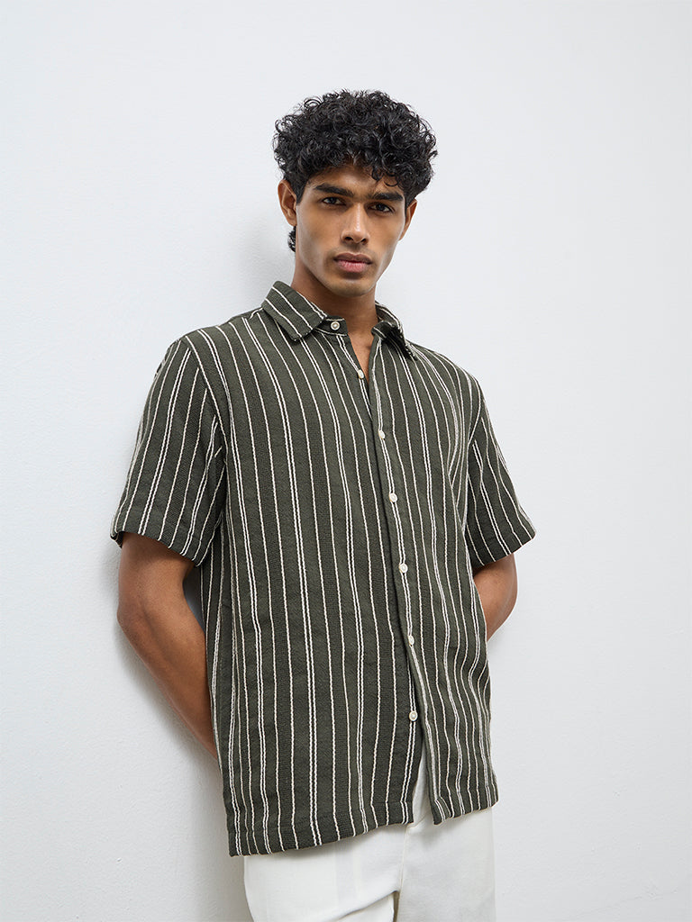 ETA Olive Striped Relaxed-Fit Cotton Shirt