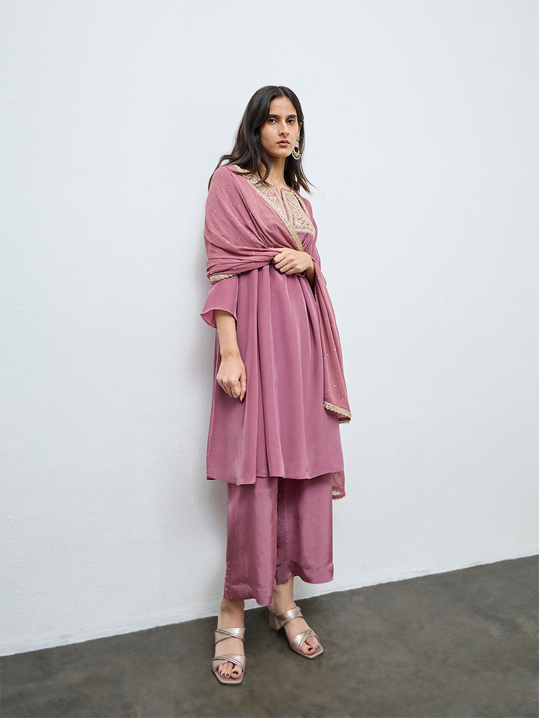 Vark Dusty Pink Embroidered A-Line Ethnic Set