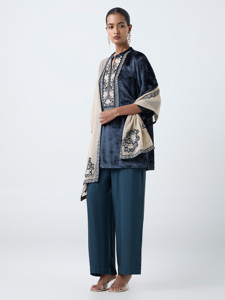Vark Teal Floral Embroidered Velvet Straight Ethnic Set