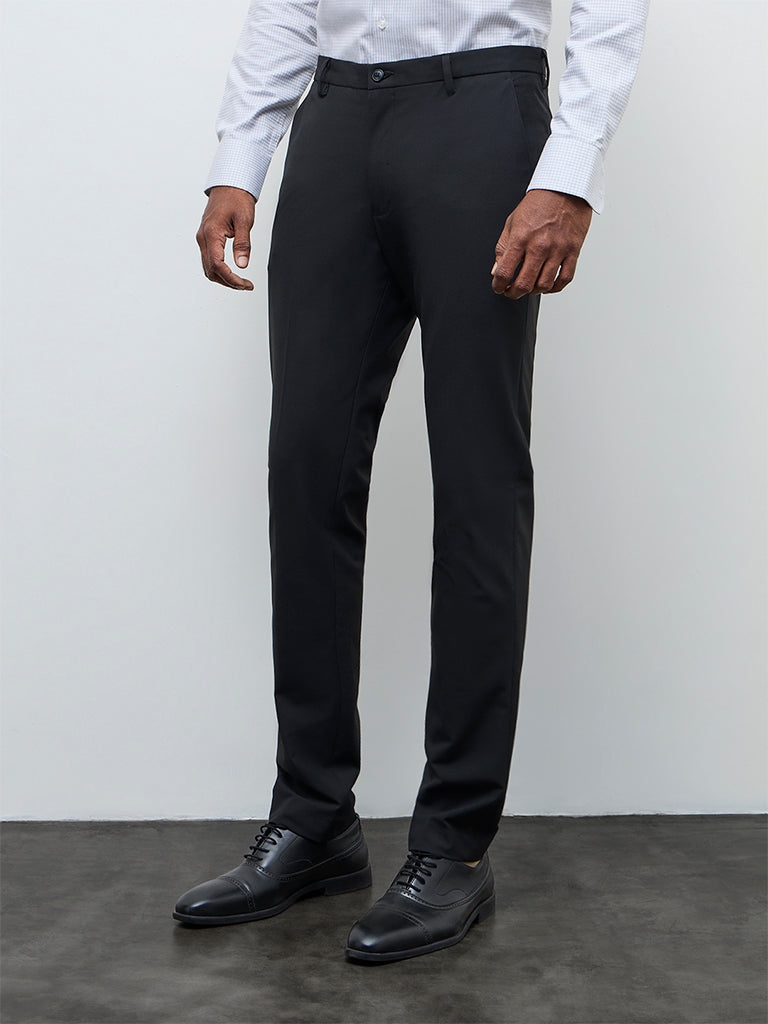 WES Formals Black Solid Ultra Slim-Fit Mid-Rise Trousers