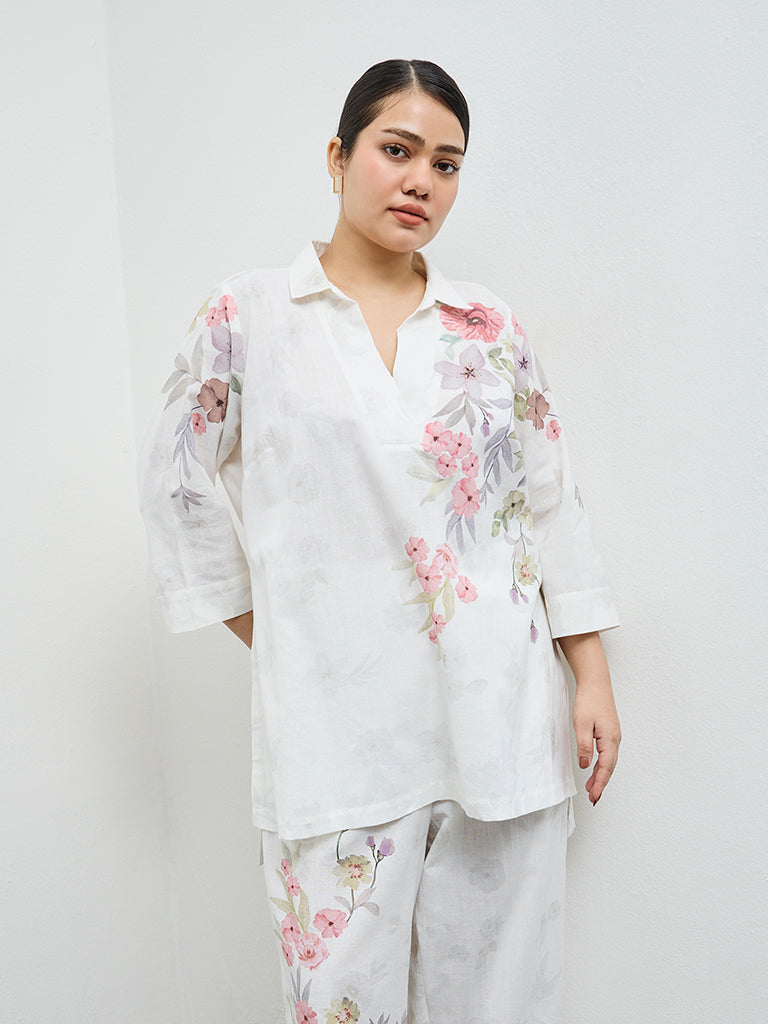 Diza White Floral Pattern High-Low Cotton-Blend Tunic