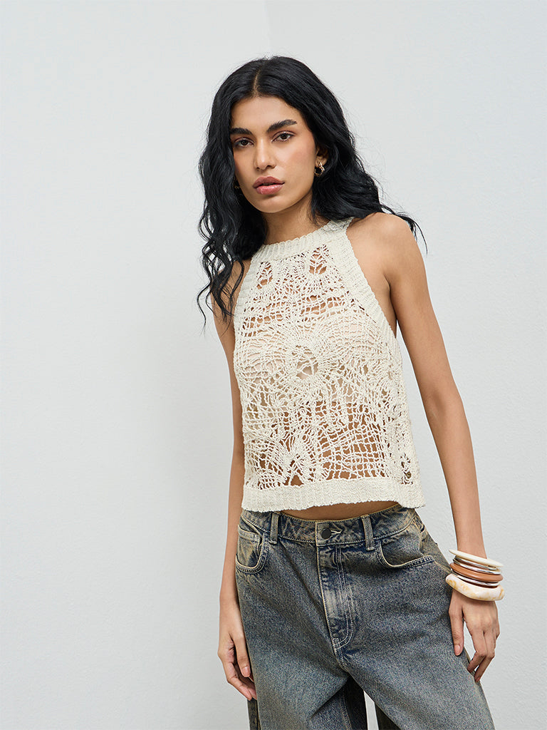 Bombay Paisley Cream Crochet-Knit Top