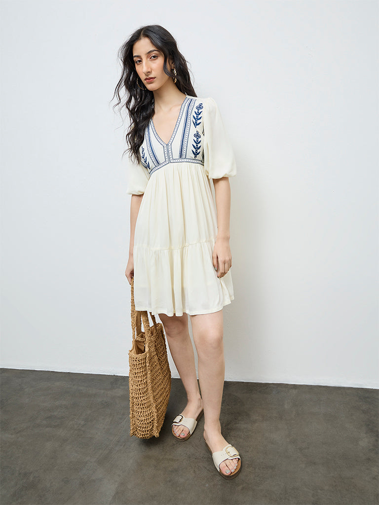 Bombay Paisley Cream Floral Embroidered Tiered Dress