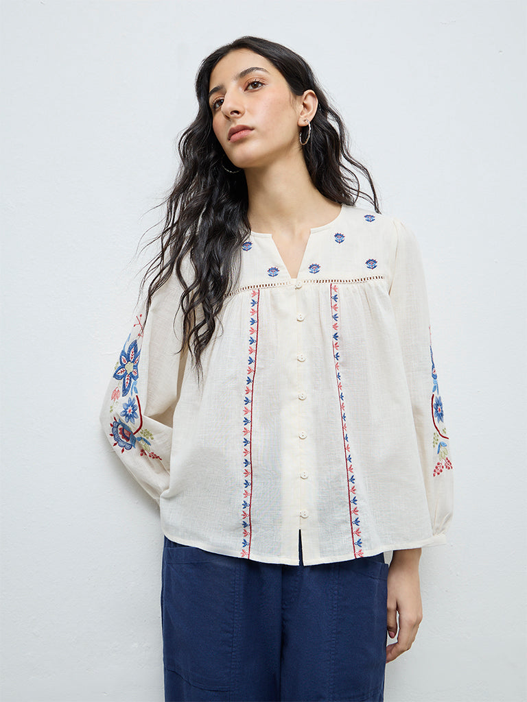 Bombay Paisley Off-White Floral Embroidered Cotton Blouse
