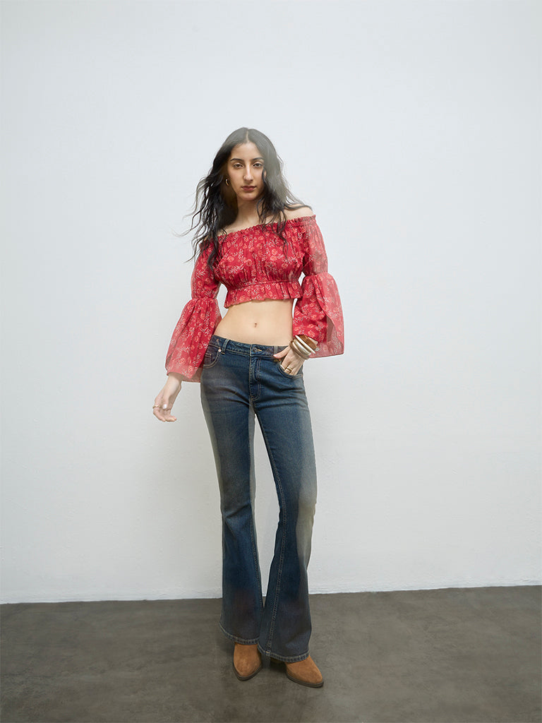 Bombay Paisley Red Floral Off-Shoulder Cotton Top