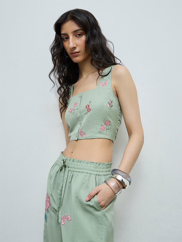 Bombay Paisley Sage Floral Embroidered Cotton-Blend Top