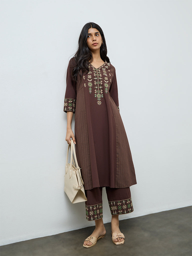 Utsa Dark Brown Aztec Embroidered Cotton-Blend A-Line Kurta