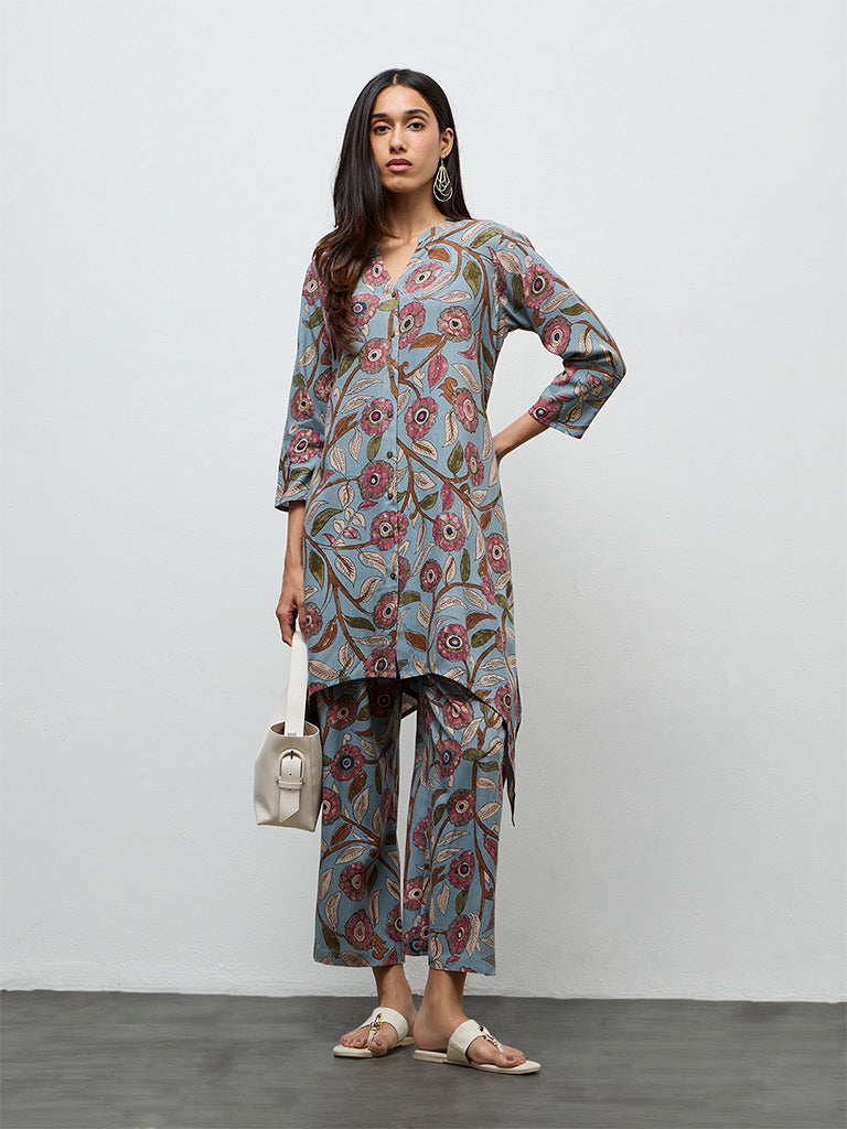 Utsa Dusty Blue Foliage Printed A-Line Kurta