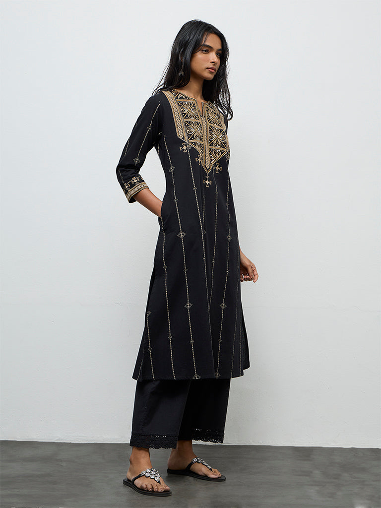 Utsa Black Embroidered Cotton-Blend A-Line Kurta