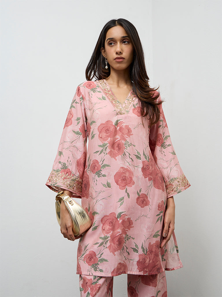 Utsa Dusty Pink Botanical Design A-Line Kurta