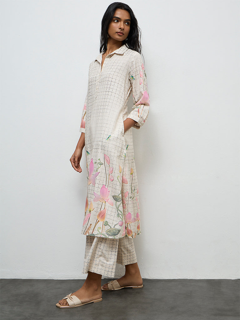 Utsa Off-White Floral Printed A-Line Kurta