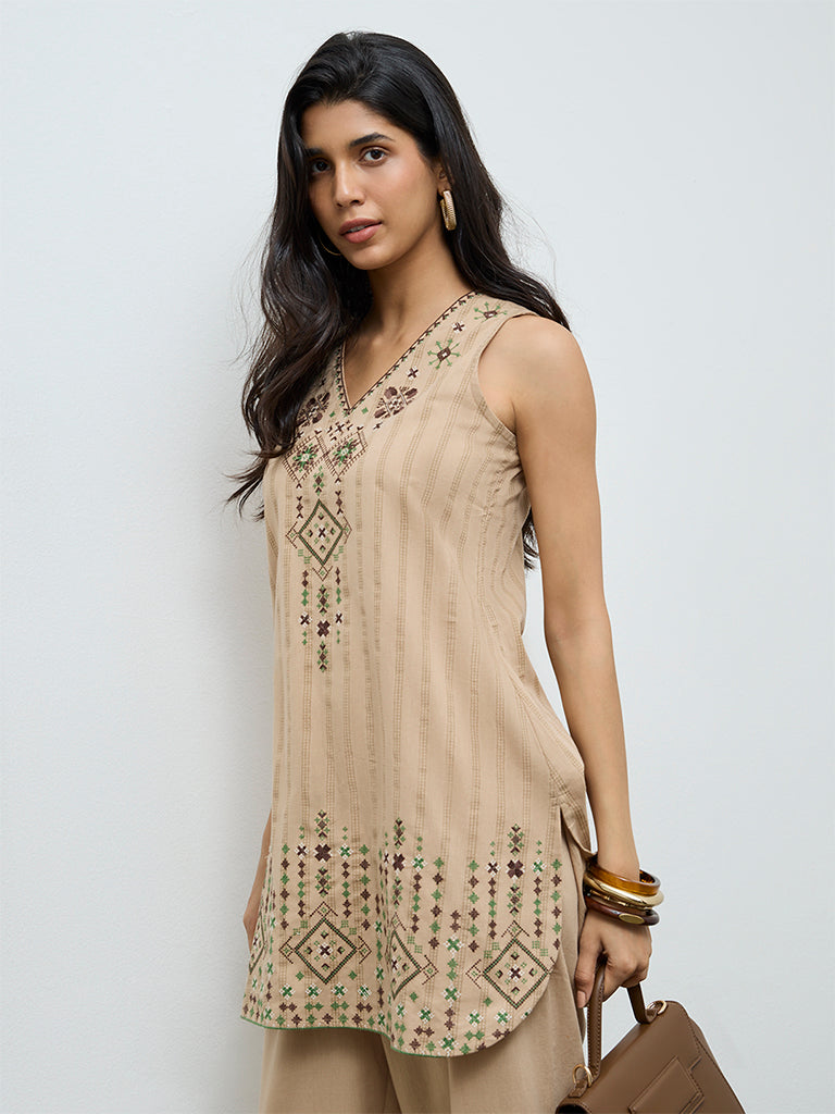 Utsa Beige Aztec Embroidered Cotton-Blend Straight Kurti