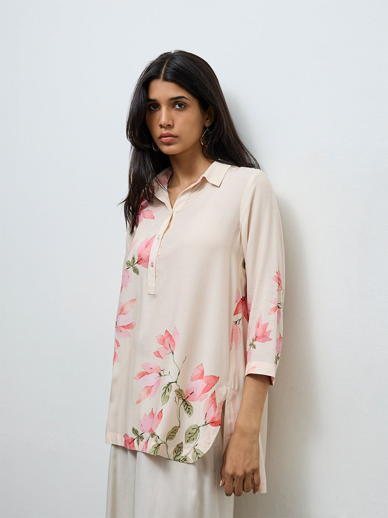 Utsa Cream Floral Printed Tunic