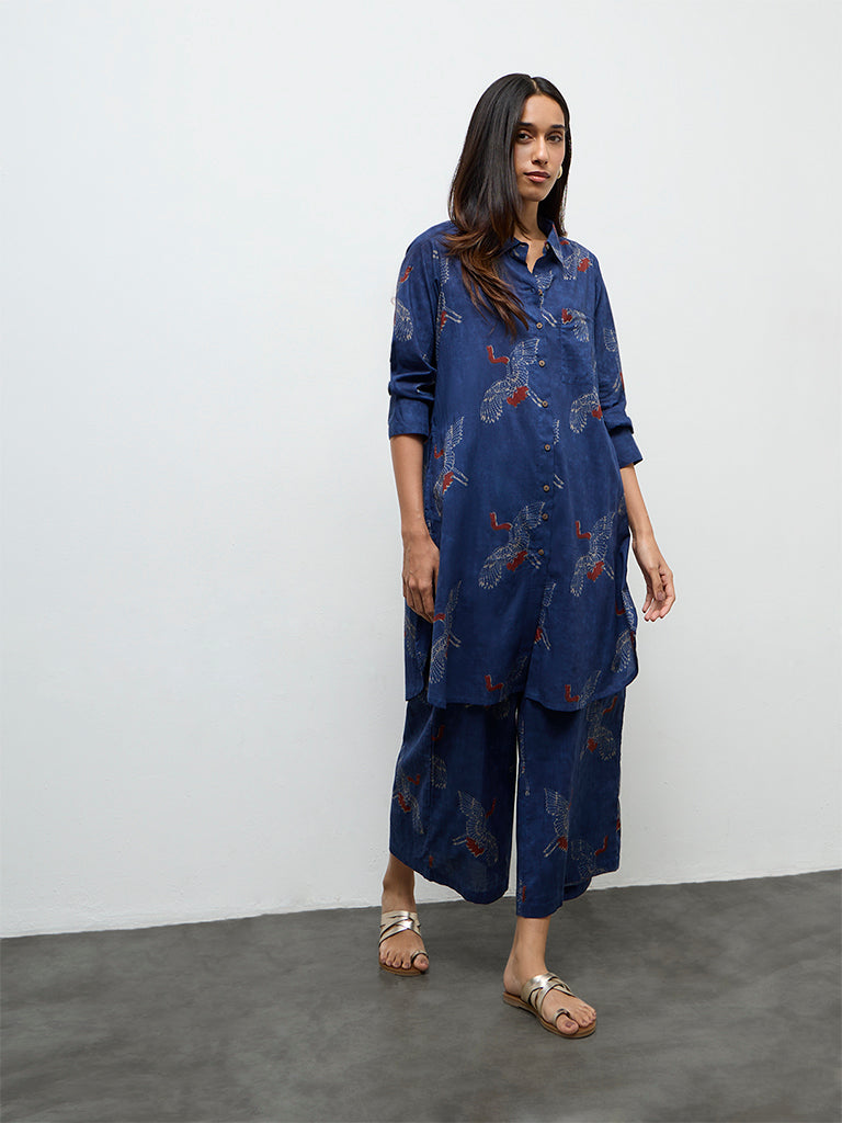 Utsa Indigo Bird Printed Cotton A-Line Kurta