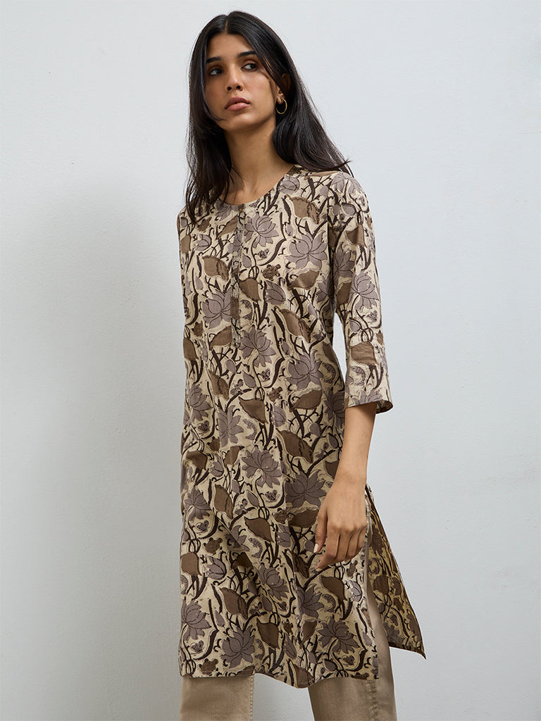 Utsa Grey Floral Printed Cotton Straight Kurta