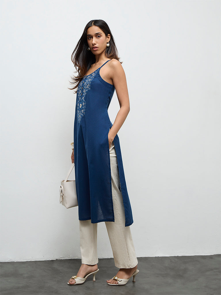 Utsa Indigo Embroidered Cotton Straight Kurta