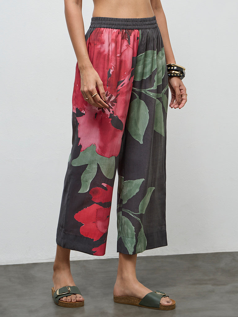 Utsa Charcoal Floral Design Pants