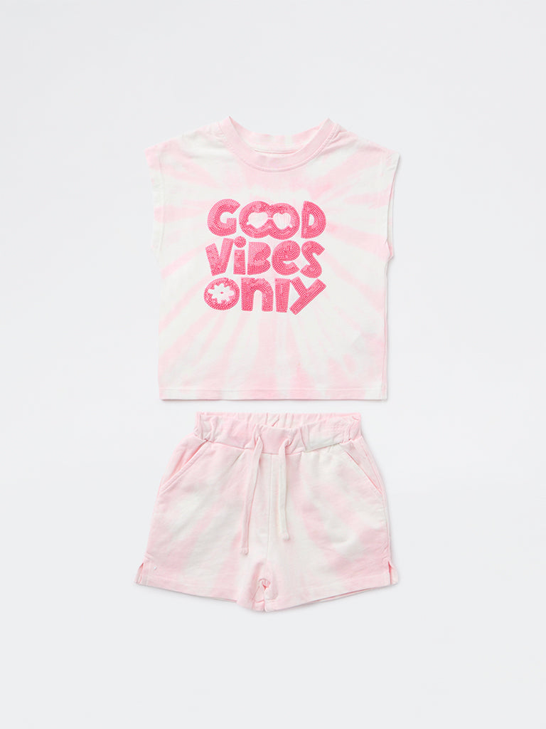 HOP Kids Girls Pink Embellished Cotton-Blend Top and Shorts Set