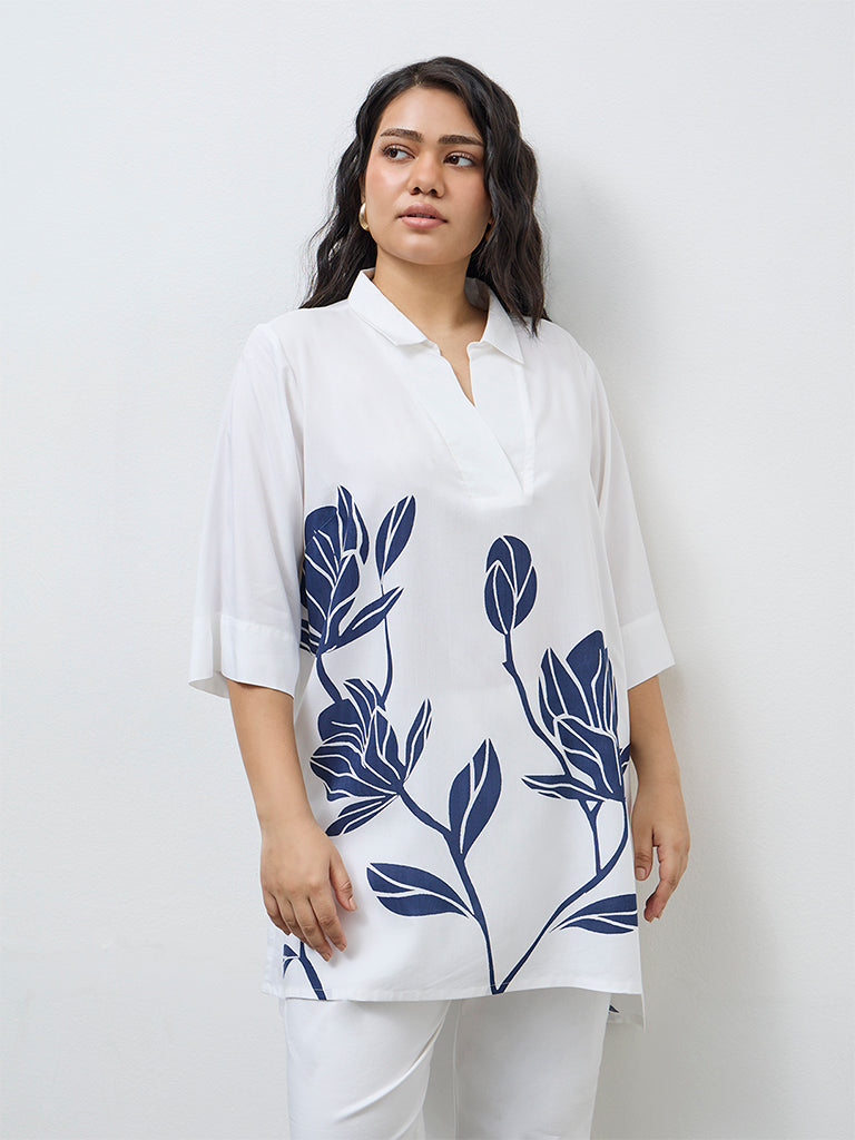 Diza White Floral Pattern High-Low Tunic