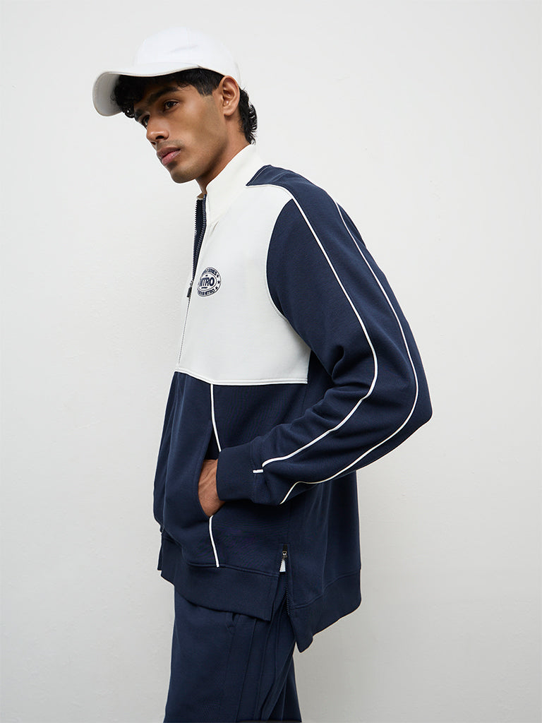 Nuoflexx Navy Colour-Blocked Relaxed Fit Cotton-Blend Jacket
