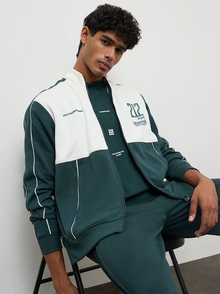 Nuoflexx Green Colour-Blocked Relaxed Fit Cotton-Blend Jacket