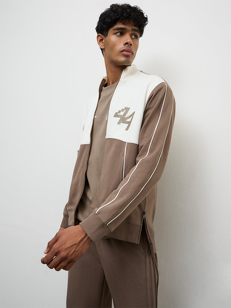Nuoflexx Taupe Colour-Blocked Relaxed Fit Cotton-Blend Jacket