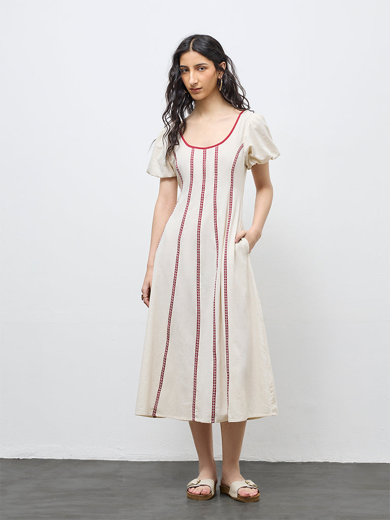 Bombay Paisley White Printed Cotton-Blend A-Line Dress