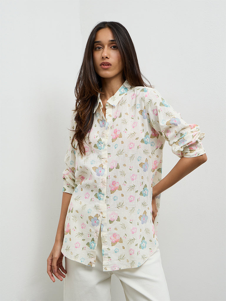 Utsa Off-White Floral Printed Cotton-Blend Tunic
