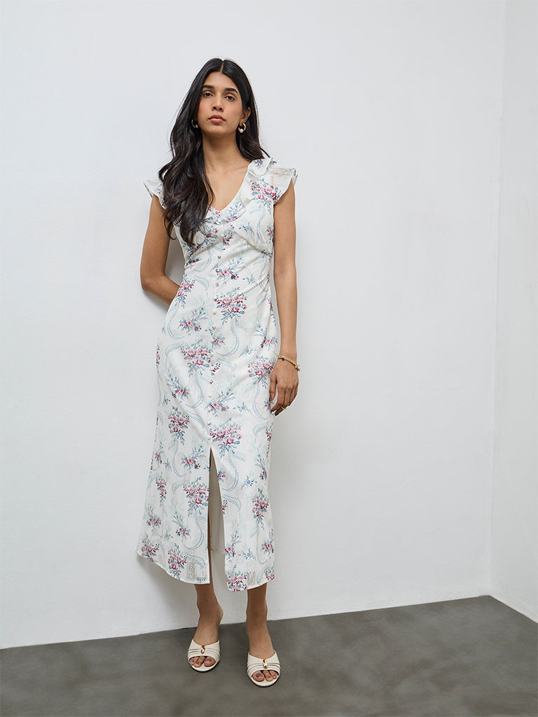 LOV White Floral Design A-Line Dress