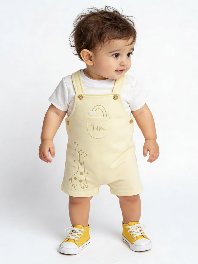 HOP Baby Boys Yellow Printed Cotton T-Shirt and Dungaree Set