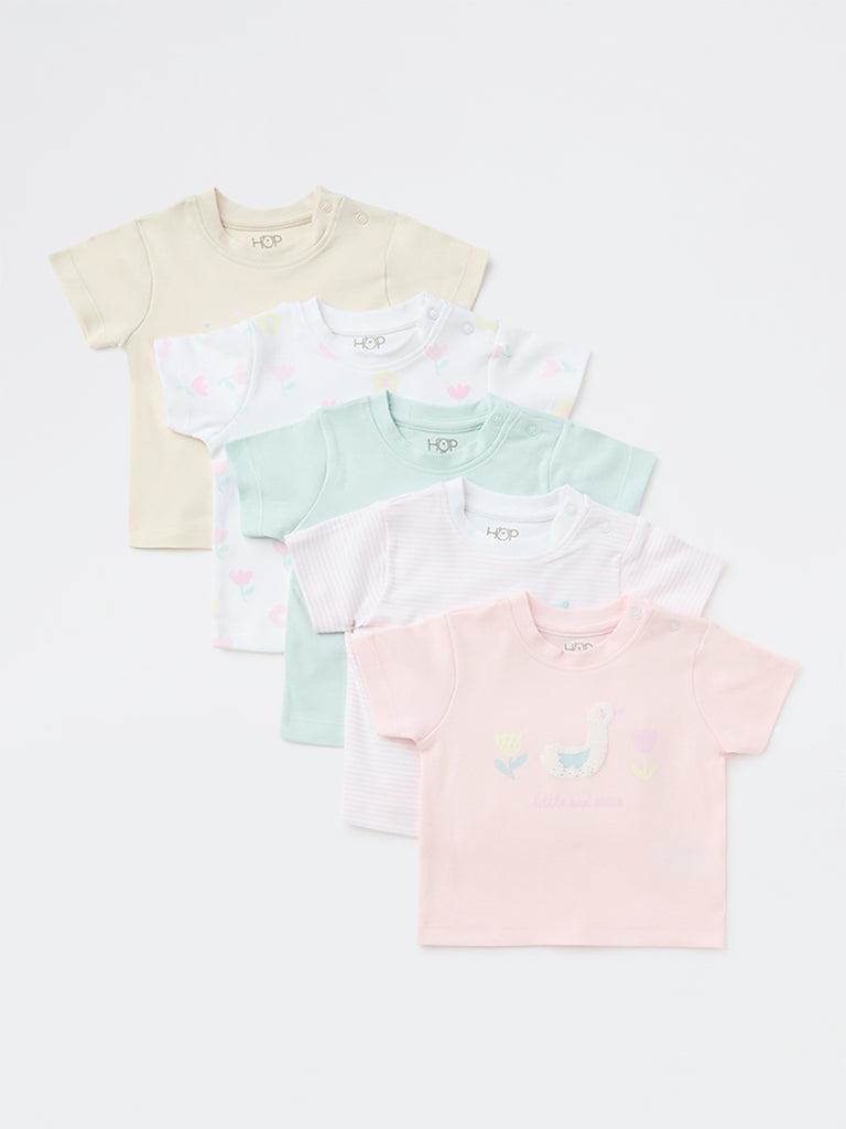 HOP Baby Girls Multicolour Cotton T-Shirt - Pack of 5