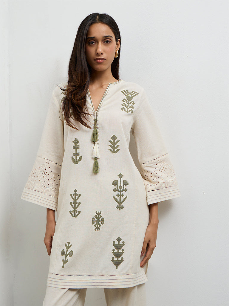 Utsa Beige Embroidered Cotton-Blend A-Line Kurta