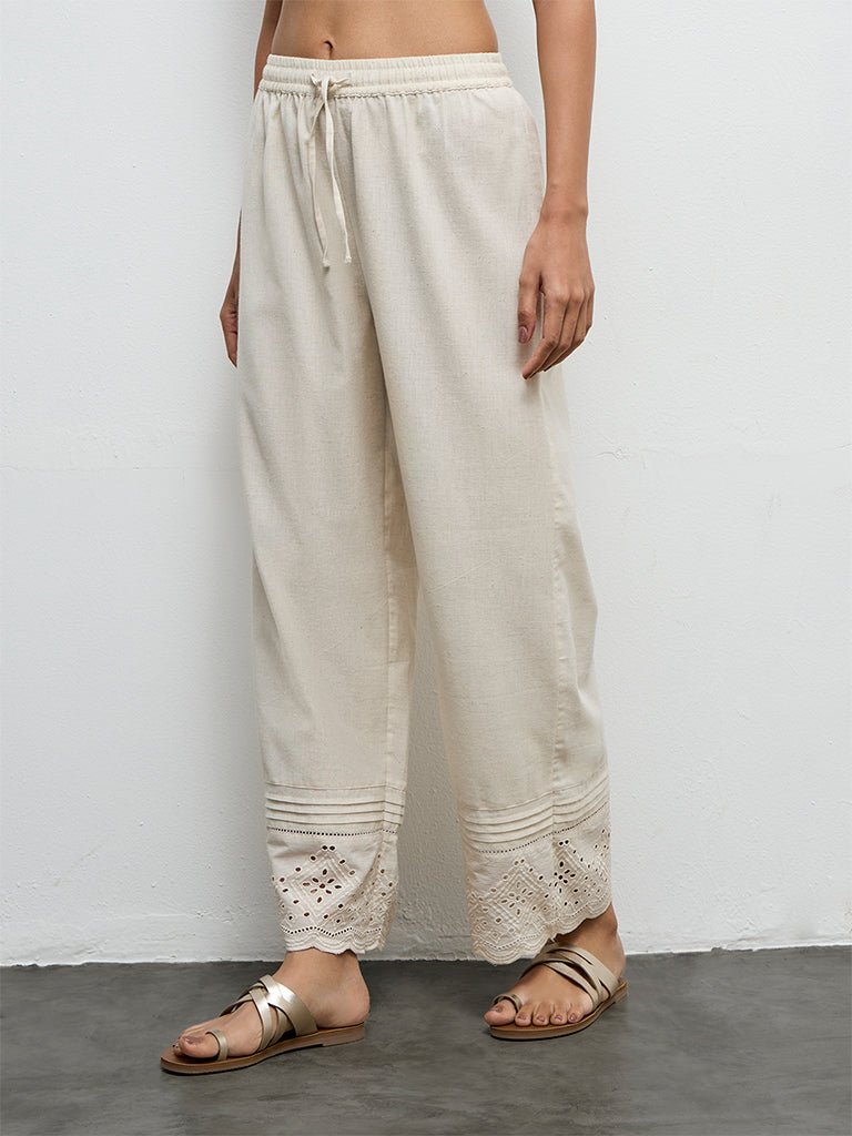 Utsa Beige Schiffli Embroidered Cotton Ethnic Pants