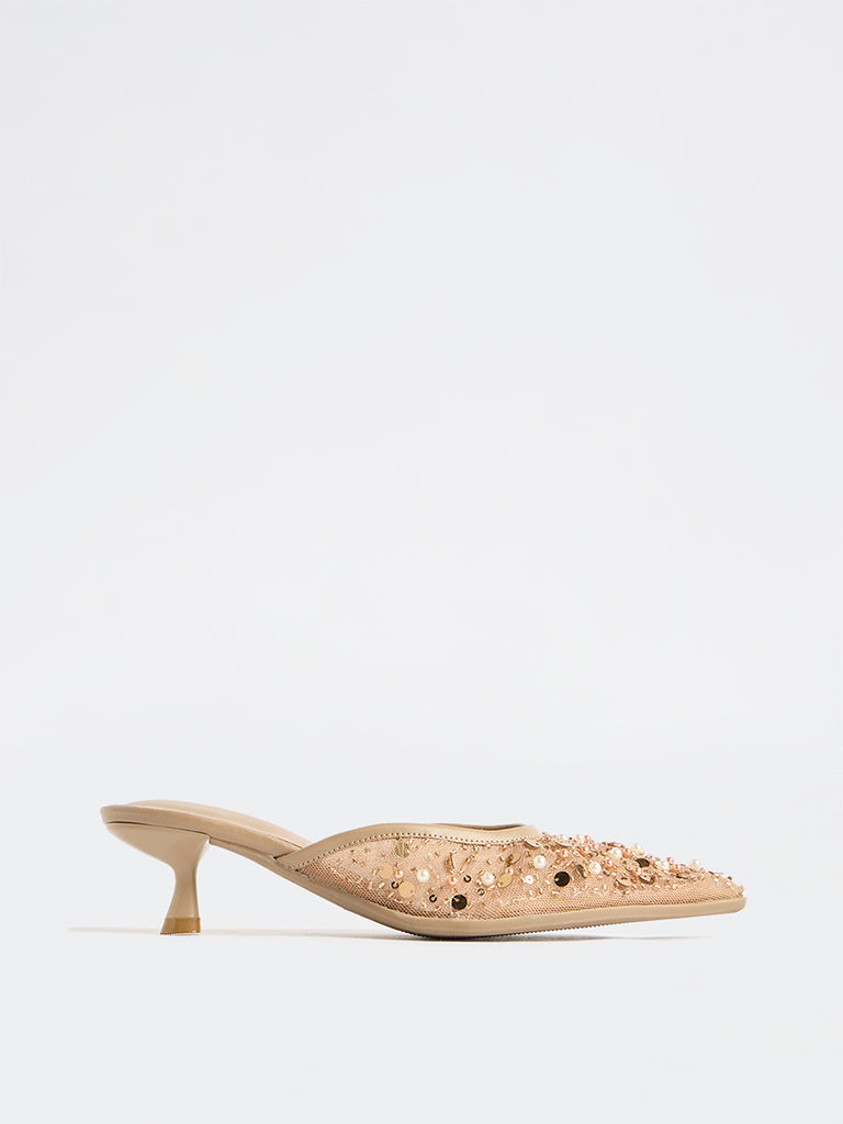 LUNA BLU Beige Embellished Kitten-Heel Mules