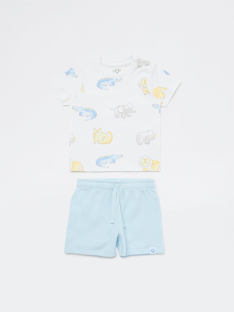 HOP Baby Boys White Animal Printed Cotton T-Shirt and Shorts Set