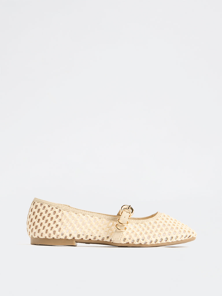 LUNA BLU Cream Crochet-Textured Mary Jane Shoes