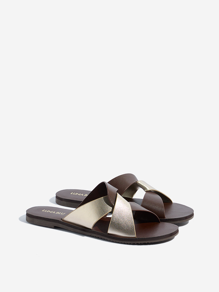 LUNA BLU Brown Criss-Cross Strap Slides
