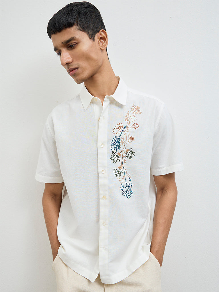 ETA White Floral Embroidered Relaxed-Fit Cotton Shirt