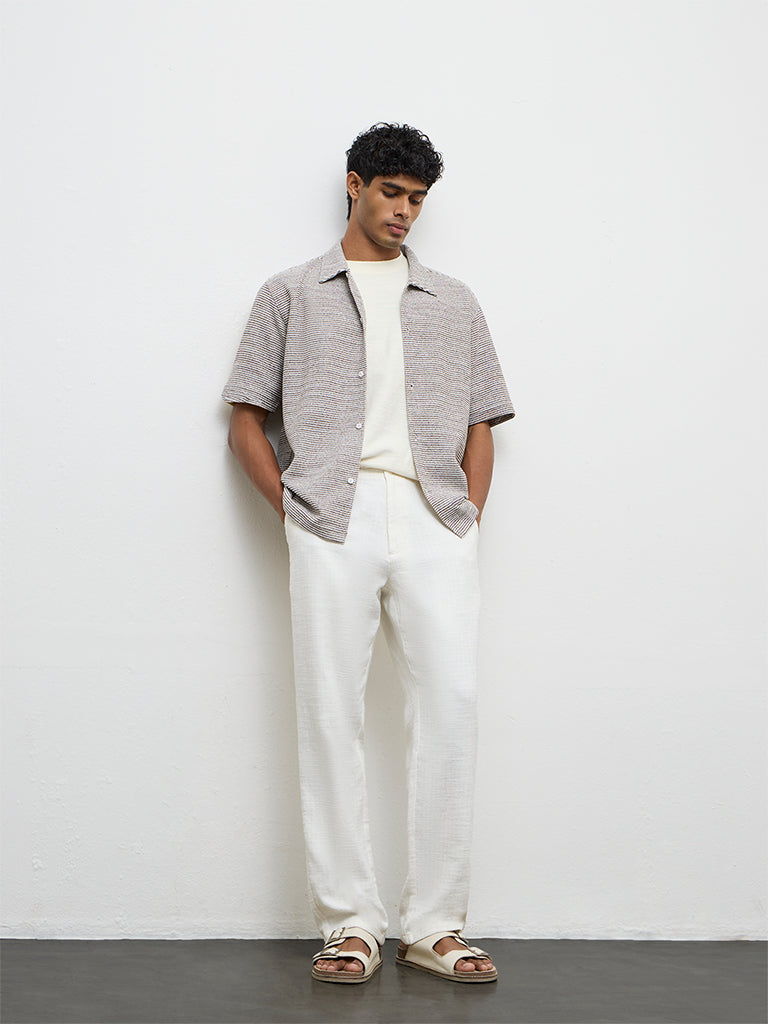 ETA Brown Stripe Embroidered Relaxed Fit Cotton-Blend Shirt