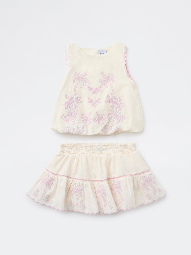 HOP Kids Girls Off White Embroidered Cotton Top and Skirt Set